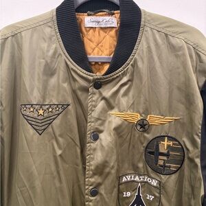 Sovereign Code Olive Green Bomber Jacket with Gold Embroidered Patches